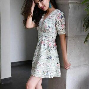 Just Me Green Pink Floral Lace Embroidered Lined Dress.  SZ S